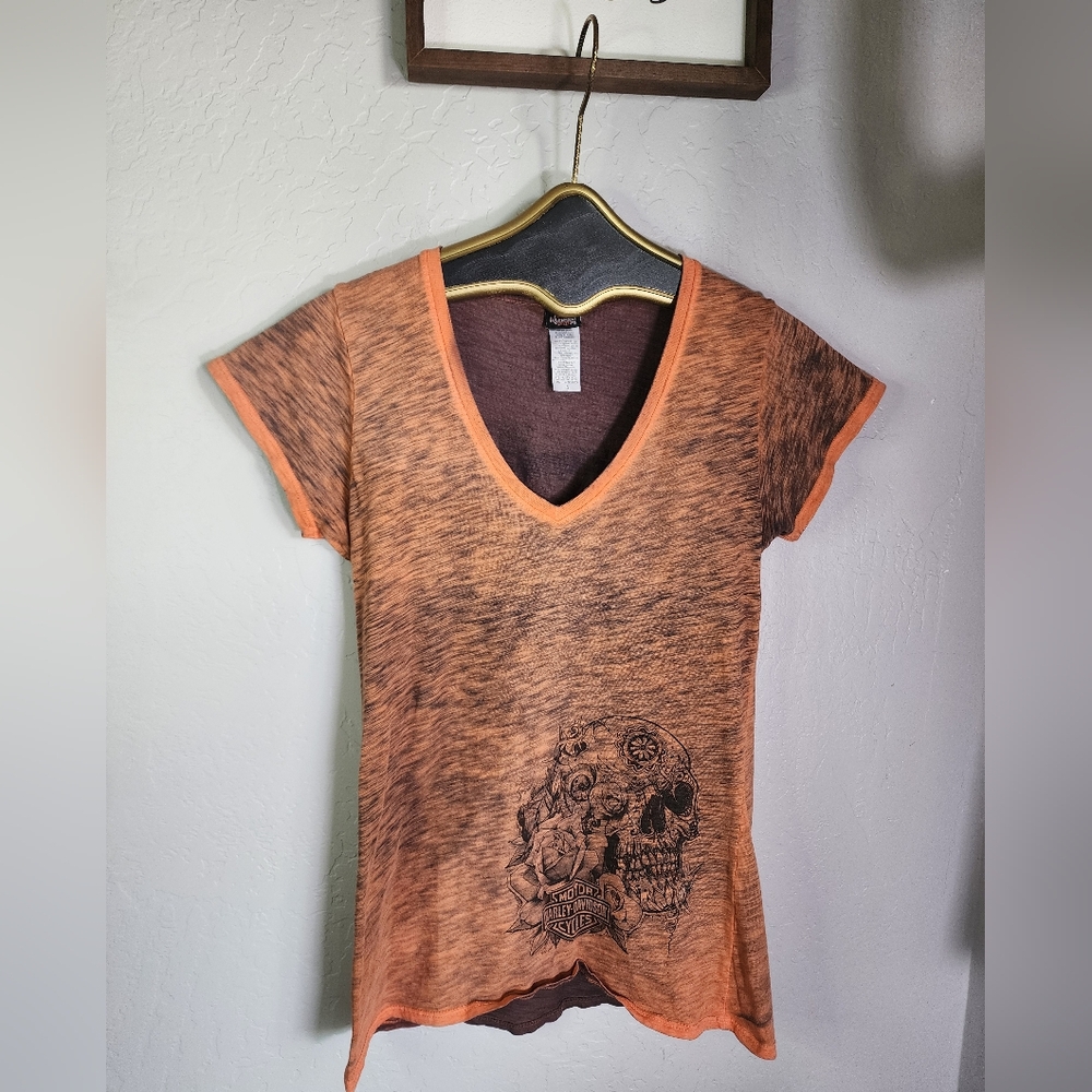 Harley-Davidson Daytona Beach Orange Heathered V Neck‎ Top Size Small